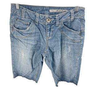 DKNY Jeans Women's Distressed Raw Hem Stretch Denim Bermuda Shorts Blue Size 2